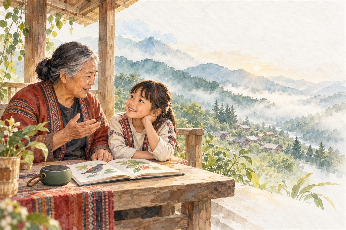 長者陪伴小朋友學習族語的水彩插畫